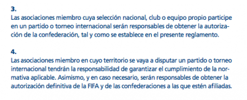 Los puntos 3 y 4 del artÃ­culo 4 del Reglamento FIFA de Partidos Internacionales. (Foto: Captura)