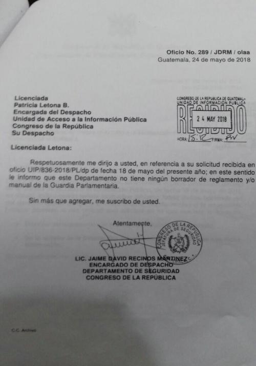 Esta es la misiva que el Congreso respondió a los sindicalistas acerca del manual de la Guardia Parlamentaria que están utilizando para sancionar al personal. (Foto: Sigecor)