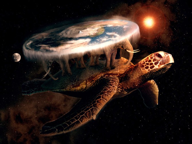 Imagen de la Gran A'tuin, que sostiene a los cuatro elefantes que mantienen al Mundodisco. (Imagen. Hipertextual)