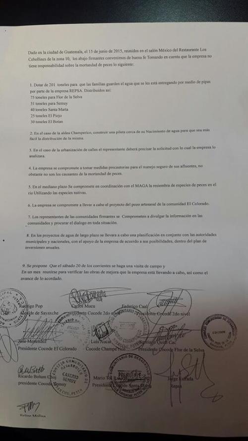 Convenio de buena fe firmado por Repsa y las autoridades locales. (Foto: El Informante Petenero)