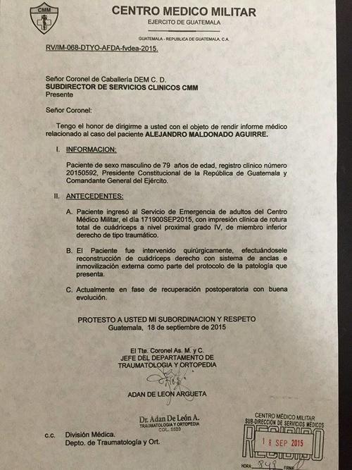 Informe médico del presidente Maldonado. (Foto: Soy502)