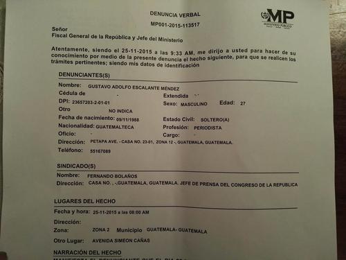 La denuncia en el MP que se interpuso contra Fernando Bolaños. 