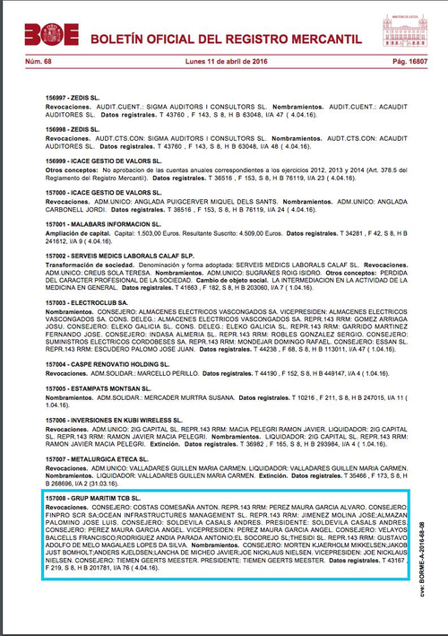 Documento del Boletín del Registro Mercantil del 11 de abril del 2016 donde Ángel Pérez Maura renuncia a su cargo como vicepresidente de TCB. 