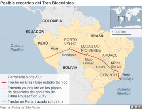 Este sería el posible trazo del proyecto ferroviario que pretende unir el océano Pacífico con el Atlántico. (Foto: BBC Mundo)