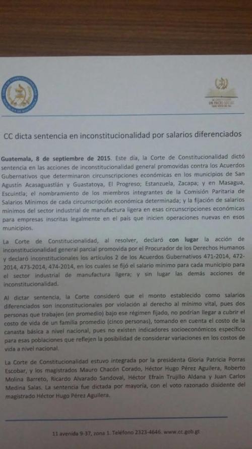 Resolución de la CC respecto a los salarios diferenciados en cuatro municipios.