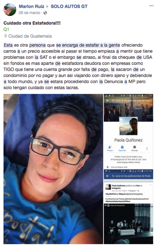 Otra de las publicaciones en Facebook donde incriminan a Paola Quiñónez. 
