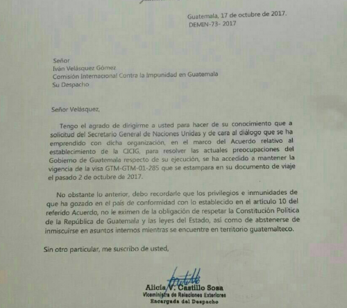 Esta es la carta que firmó la viceministra de Relaciones Exteriores y en la que informa la renovación de visa al comisionado Iván Velásquez. (Foto: Soy502)