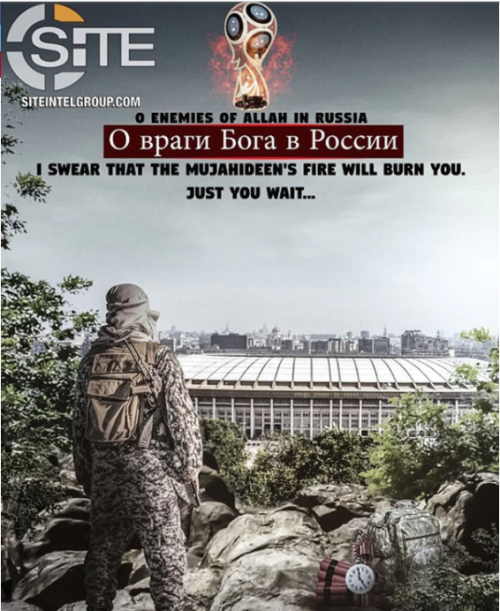 Uno de los afiches publicados por ISIS muestra a un soldado observando el estadio que será sede principal de Rusia 2018. (Foto: Infobae)