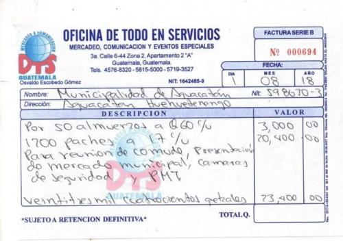 Esta es la factura que detalla el pago de alimentación en la Municipalidad de Aguacatán. (Foto: Guatecompras)