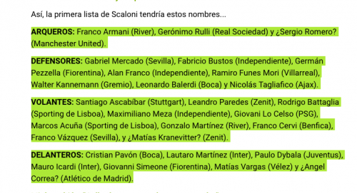 Lista de Argentina para jugar contra Guatemala y Colombia. (Foto: Olé)