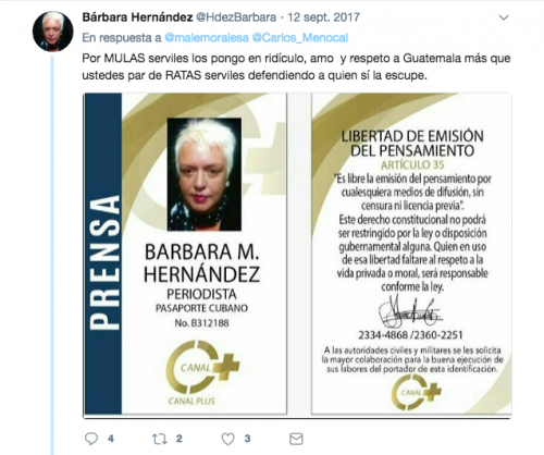 La cubana utilizó Twitter para mofarse de quienes le reprocharon su presencia en la conferencia de prensa del TSE y la CICIG. (Foto: Captura de pantalla)