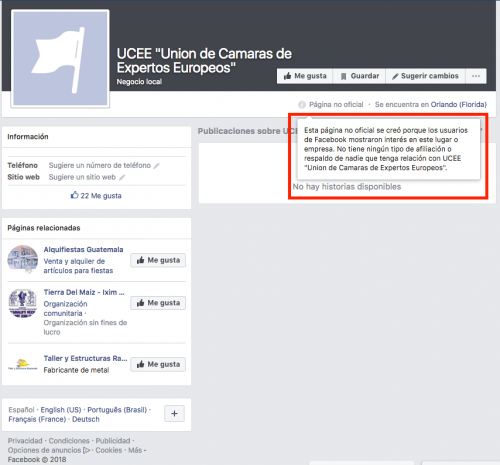 Al introducir el nombre de la Unión de Cámaras de Expertos Europeos en el buscador Google, sólo se encuentra una fanpage de Facebook. (Foto: Captura de pantalla)