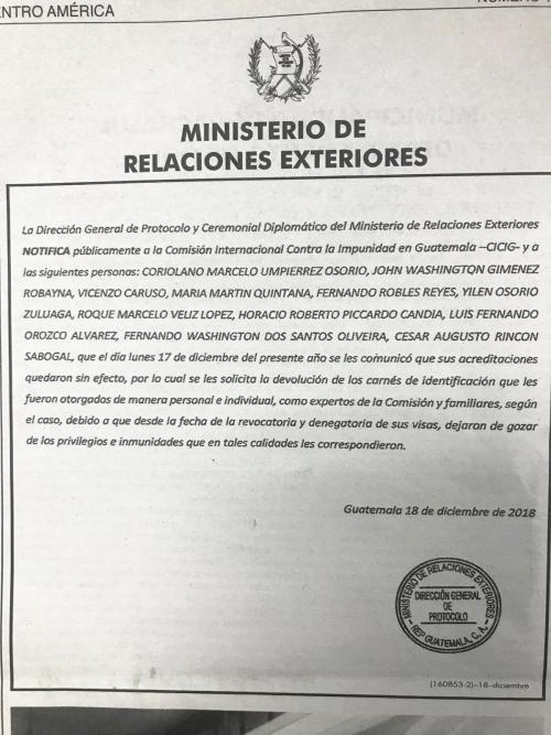 El Minex pidió a los 11 investigadores de la CICIG devuelva las acreditaciones en el país. (Foto: Diario de Centroamérica)