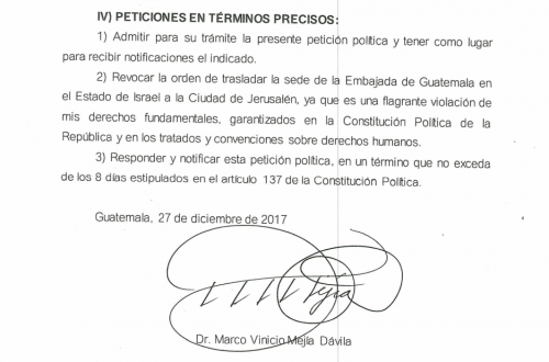 En la carta Marco Vinicio Mejía Dávila pide al presidente Jimmy Morales revocar su orden de trasladar la embajada de Guatemala hacia Jerusalén. (Foto: Captura de pantalla)