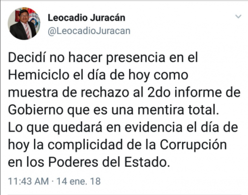 El diputado de Convergencia, Leocadio Juracán, manifestó su rechazo de asistir a través de Twitter. (Foto: Captura de pantalla)