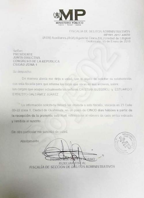 Esta es la solicitud de información que presentó el MP al Congreso. (Foto: Soy502)