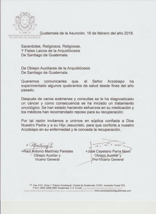 Esta es la nota oficial del Arzobispado en la que se explica el estado de salud del Óscar Julio Vian. (Foto: Soy502) 