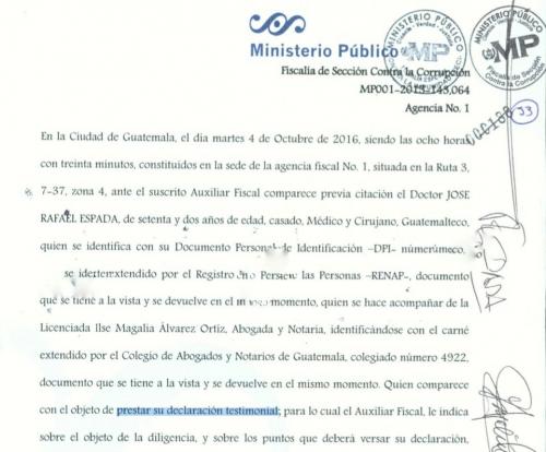 Esta es la primera página de la declaración de Rafael Espada ofrecida el 4 de octubre de 2016. (Foto: Soy502)