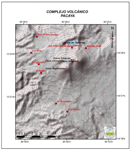 Este mapa elaborado por el INSIVUME ilustra y ubica a la comunidades que se encuentran cerca del volcán de Pacaya.
