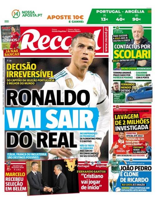 La portada de "Record" que anuncia la salida de Ronaldo. (Foto: Record)