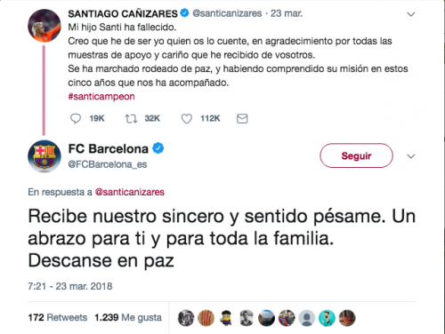 FC Barcelona se unió a las muestras de solidaridad hacia Santiago Cañizares. (Foto: Captura)