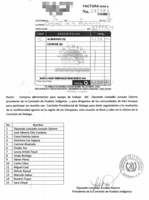 La comisión de Pueblos Indígenas, que estuvo presidida por el diputado Leocadio Juracán, compró en una cevichería alimentos para atender una reunión con pobladores de las Verapaces, según la justificación de la Factura. (Foto: Soy502)