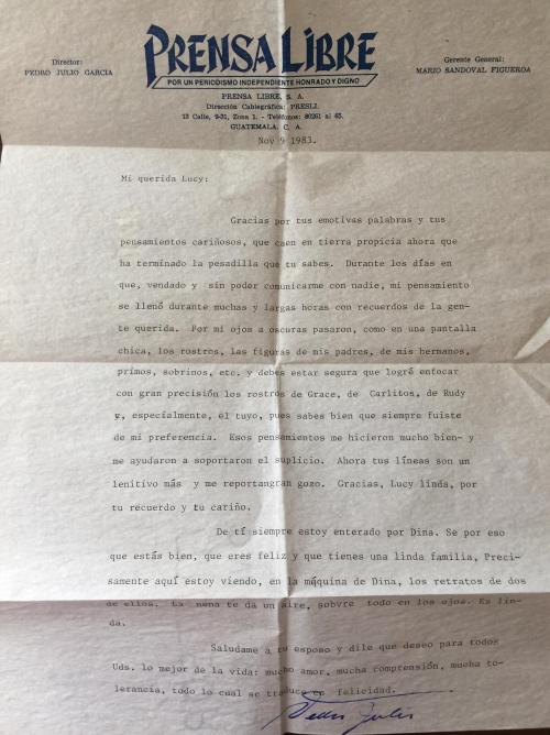 Carta que Pedro Julio García escribió a su sobrina Luz María Roybal, al salir de su secuestro en noviembre de 1983. 