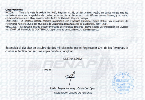 Los documentos del Renap confirman que Lemus González estuvo casada con Francisco Estuardo Sierra Robles. (Foto: captura de pantalla)