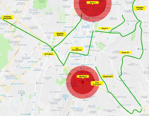 En verde, rutas alternas; y en rojo, las áreas de mayor afluencia. (Foto: Benjamín Calderón/Soy502) 