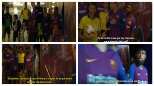 Esta fue la tensa conversación entre árbitro y defensa del Barcelona. (Foto: captura pantalla) 