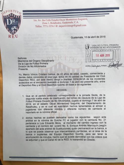 Primera parte de la denuncia que presentó Deportivo Reu. (Foto: Cortesía)