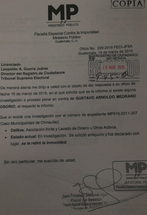 Vista del segundo oficio presentado al Registro de Ciudadanos donde la Feci informa de la investigación en contra de Gustavo Medrano. 
