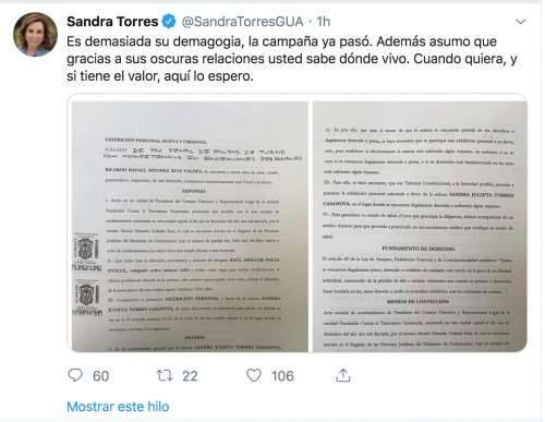 El tercer mensaje en Twitter de Sandra Torres. 