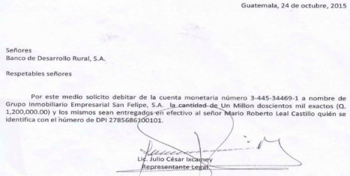 Carta firmada por el diputado Julio Ixcamey. (Foto: CICIG)