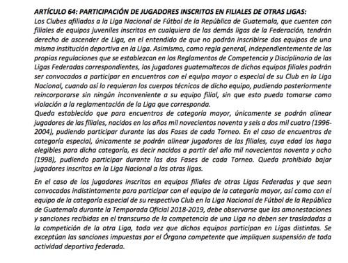 El artículo que regula la participación de jugadores de la filial en los equipos de la Liga Nacional. (Foto: Captura)