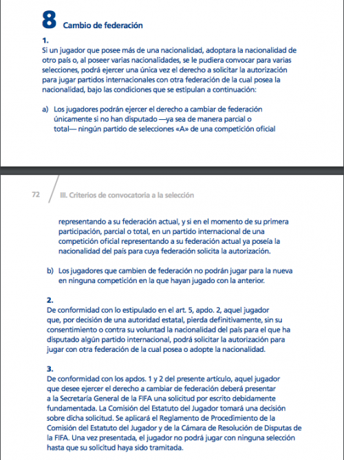 Artículo 8 del Reglamento de aplicación de la FIFA, criterios de convocatoria a Selección. (Foto: Captura)