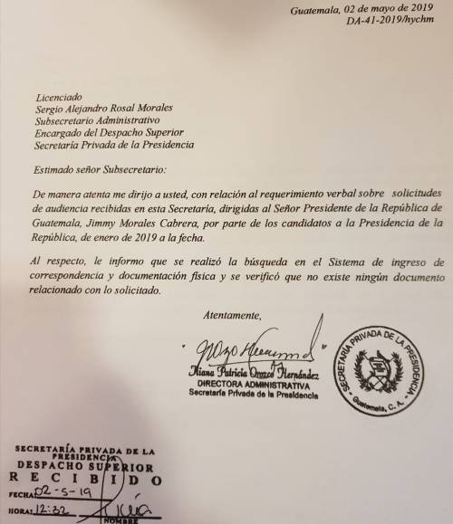 La carta entregada hoy a los diputados de la UNE revela que no existe ningún registro de solicitudes de audiencia a Jimmy Morales. (Foto: Captura de pantalla)