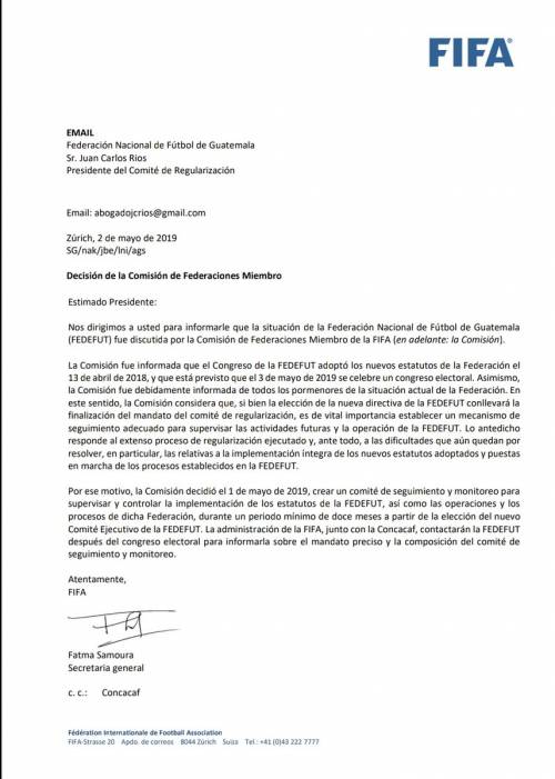 Carta que la FIFA envió a la Fedefut, tras las elecciones del Comité Ejecutivo. (Foto: Fedefut)