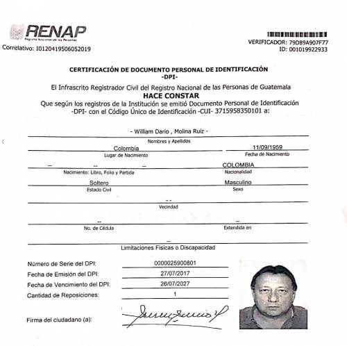 Este es el certificado que hace constar que el Renap extendió un DPI al colombiano debido a que obtuvo una residencia permanente. (Foto: Soy502)