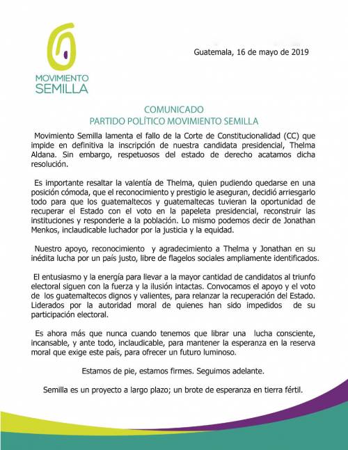 Comunicado de prensa de Movimiento Semilla. 