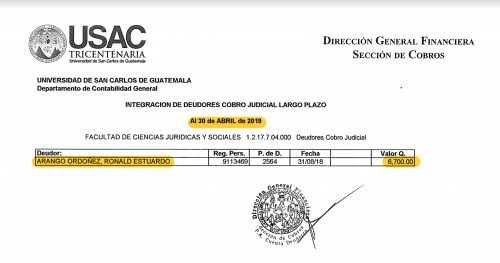 La deuda del diputado de Todos Ronald Arango ya fue trasladada a la Dirección de Asuntos Jurídicos de la Usac. (Foto: Captura de pantalla)