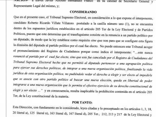 Así justificaron los magistrados del TSE la inscripción de Roberto Villate como candidato a diputado. (Foto: Captura de pantalla)