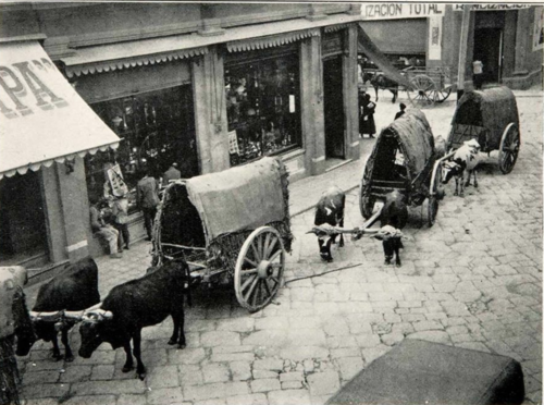 En la sexta avenida de la zona uno había carretas con bueyes, a principios de los años 20. (Foto: Thos. F. Lee, Pinterest)