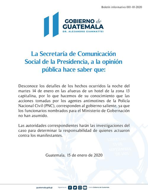 El Gobierno de Alejandro Giammattei desconoce las acciones de la PNC contra manifestantes que impedían la juramentación de Jimmy Morales. 