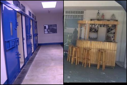 En la foto de la izquierda el pasillo que dirige a las celdas en la cárcel Matamoros. A la derecha en country bar en el que Gustavo Alejos podía permanecer durante su estadía en el Hospital Ciudad Nueva. (Fotos: archivo/Soy502) 