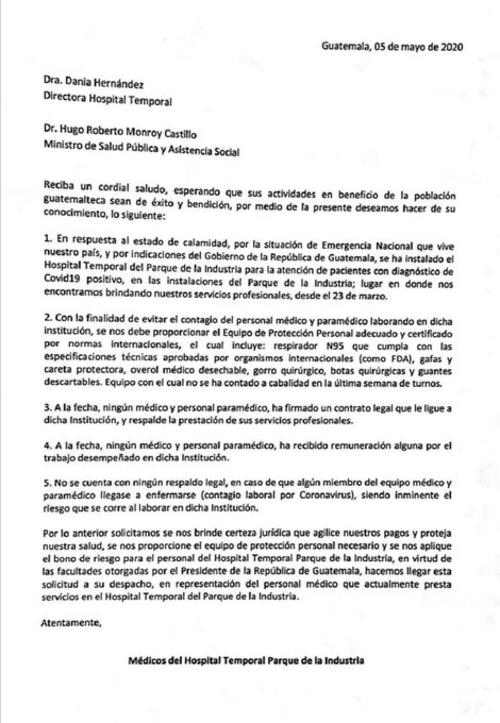 Carta enviada por los médicos del Hospital Temporal del Parque de la Industria al ministro de Salud. (Foto: Twitter Jordán Rodas) 