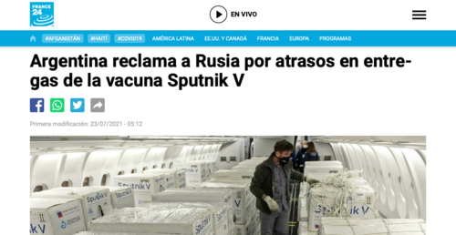Así reportan los medios extranjeros los atrasos de entregas a varios países de la vacuna Sputnik, en esa nota Argentina reclamaba por la tardanza. (Foto: captura de pantalla)