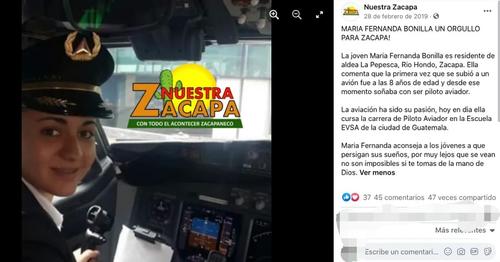 En el 2019 medios en Zacapa reconocieron la labor de la piloto que hoy fue detenida. 