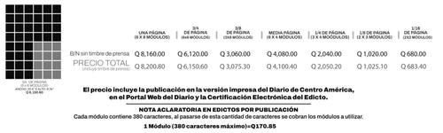 Precios vigentes de edictos en el diario de Centroamérica. (Foto: captura de pantalla)