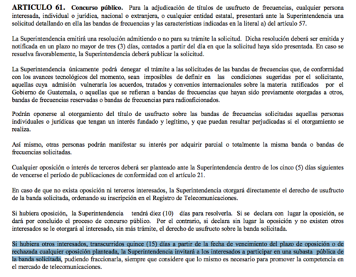Artículo 61 de la Ley de Telecomunicaciones de Guatemala. 